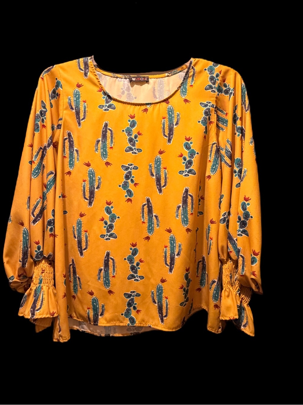 Women's Mustard Cactus Print Long-Sleeve Blouse-large